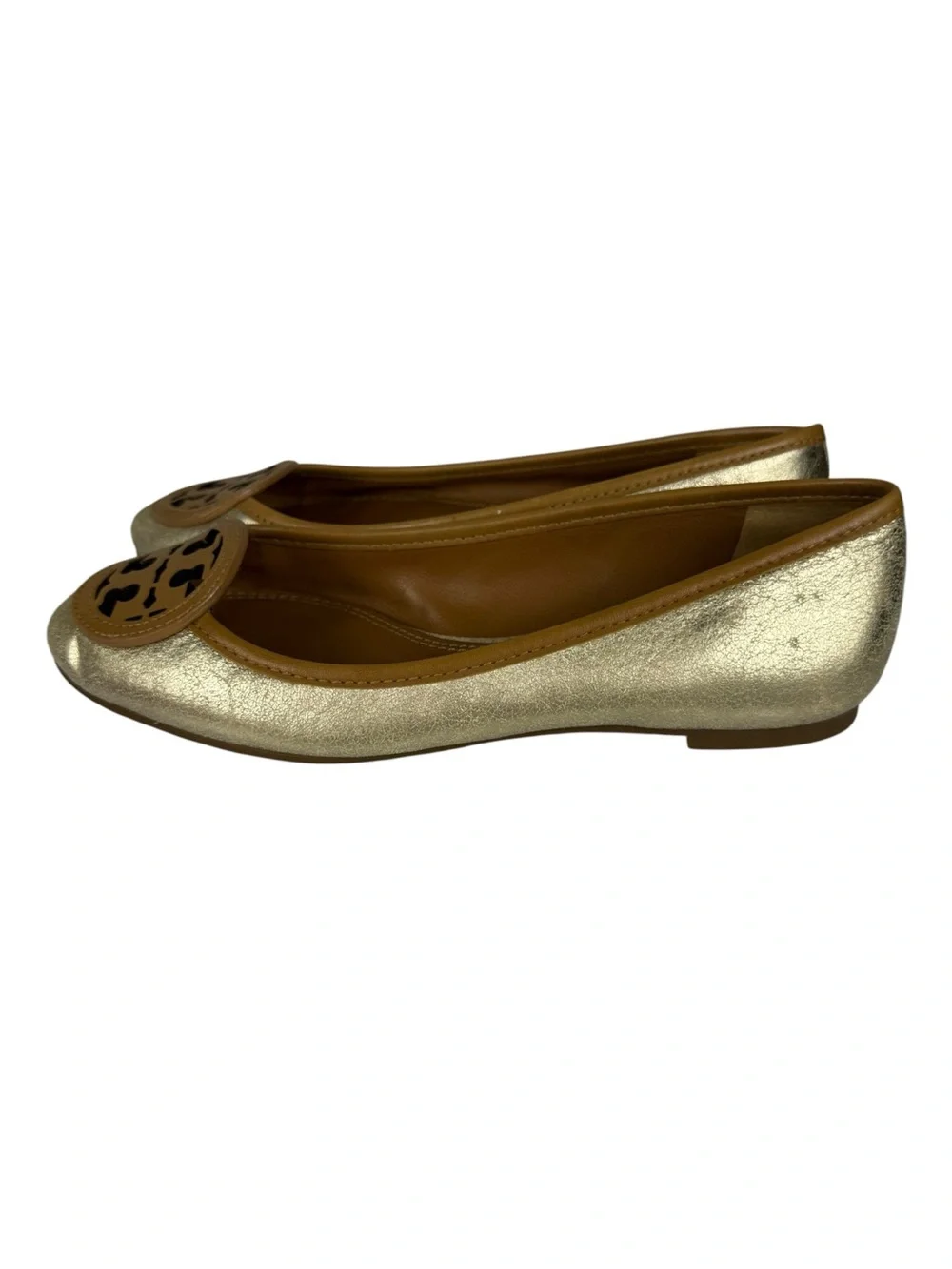 Tory Burch Louisa Gold Metallic Tan Logo Ballet Flats Sz 5.5